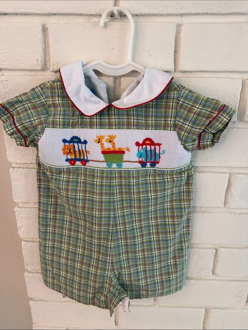 Classic Green Plaid Smocked One-Piece with Animal Train